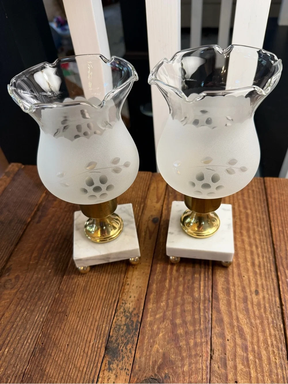 Frosted Glass and Brass Table Candle Lamp Pair with Marble Base